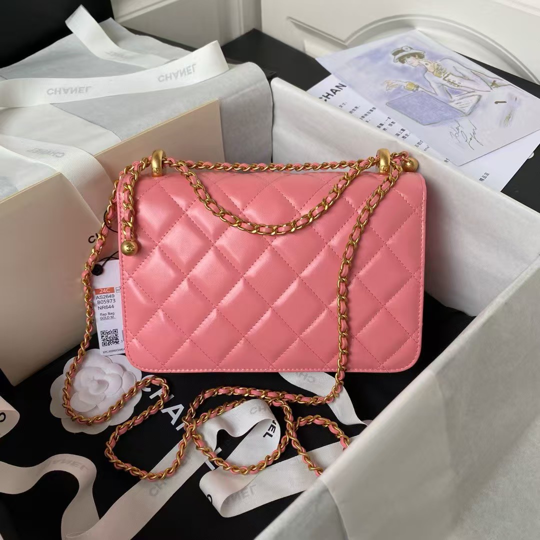 Replicate Chanel AS2649 Chain Bag Gold Charm Small Vintage Calfskin Bag Dark Pink(1:1 replica)