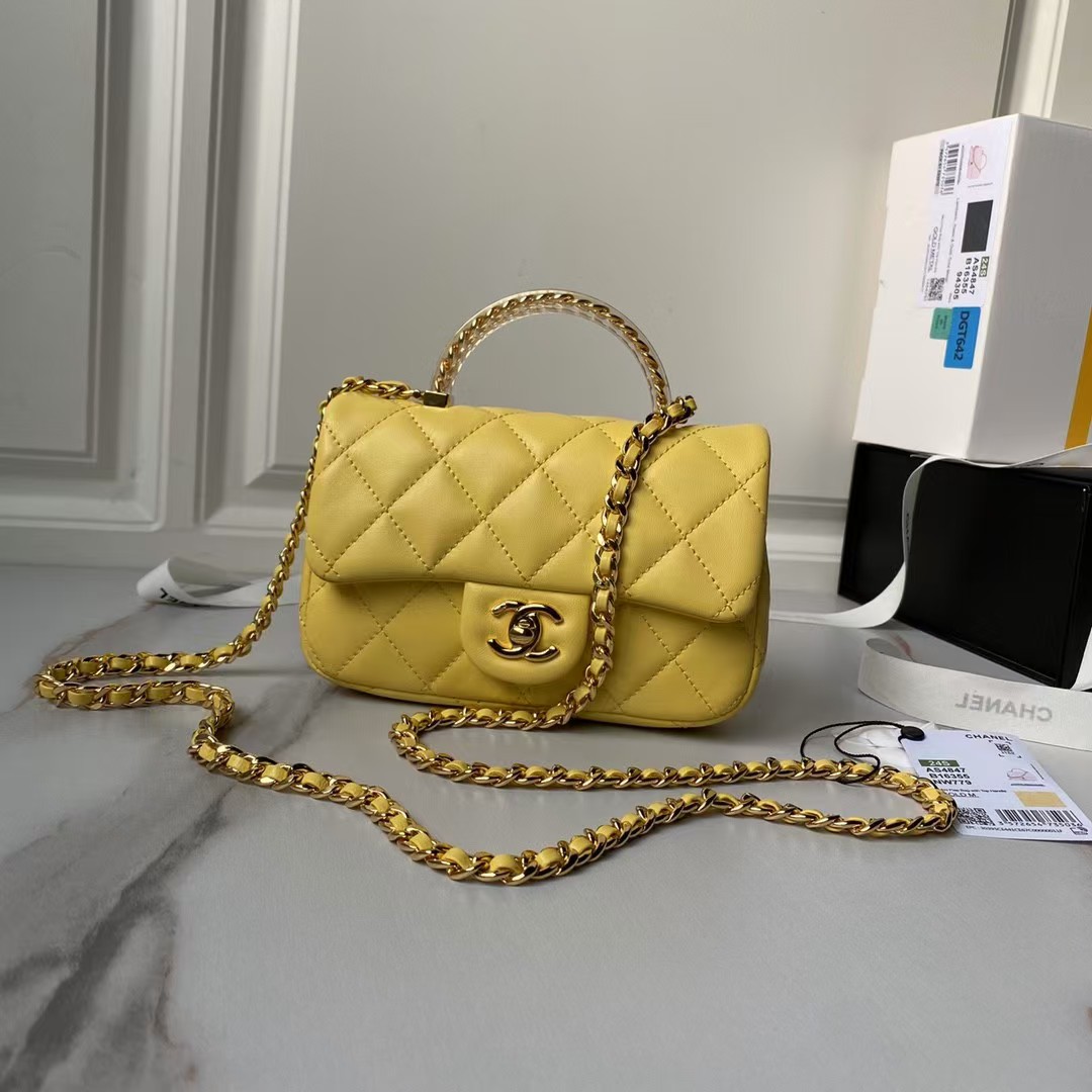 Replicate Chanel AS4847 Mini Flap Bag With Top Handle Lambskin Resin Yellow(1:1 replica)