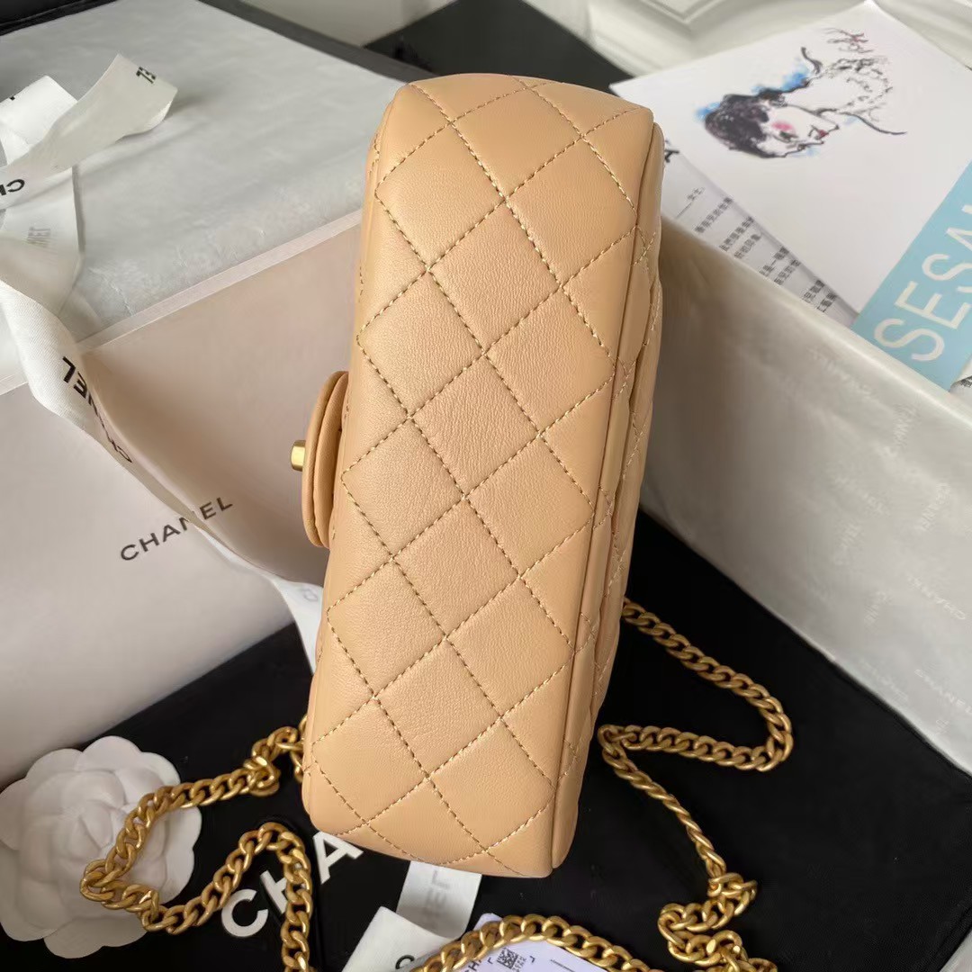 Replicate Chanel 23S AS4041 Mini Camellia Embossed Rectangular Flap Bag Antique Gold Metal Hardware Apricot(1:1 replica)