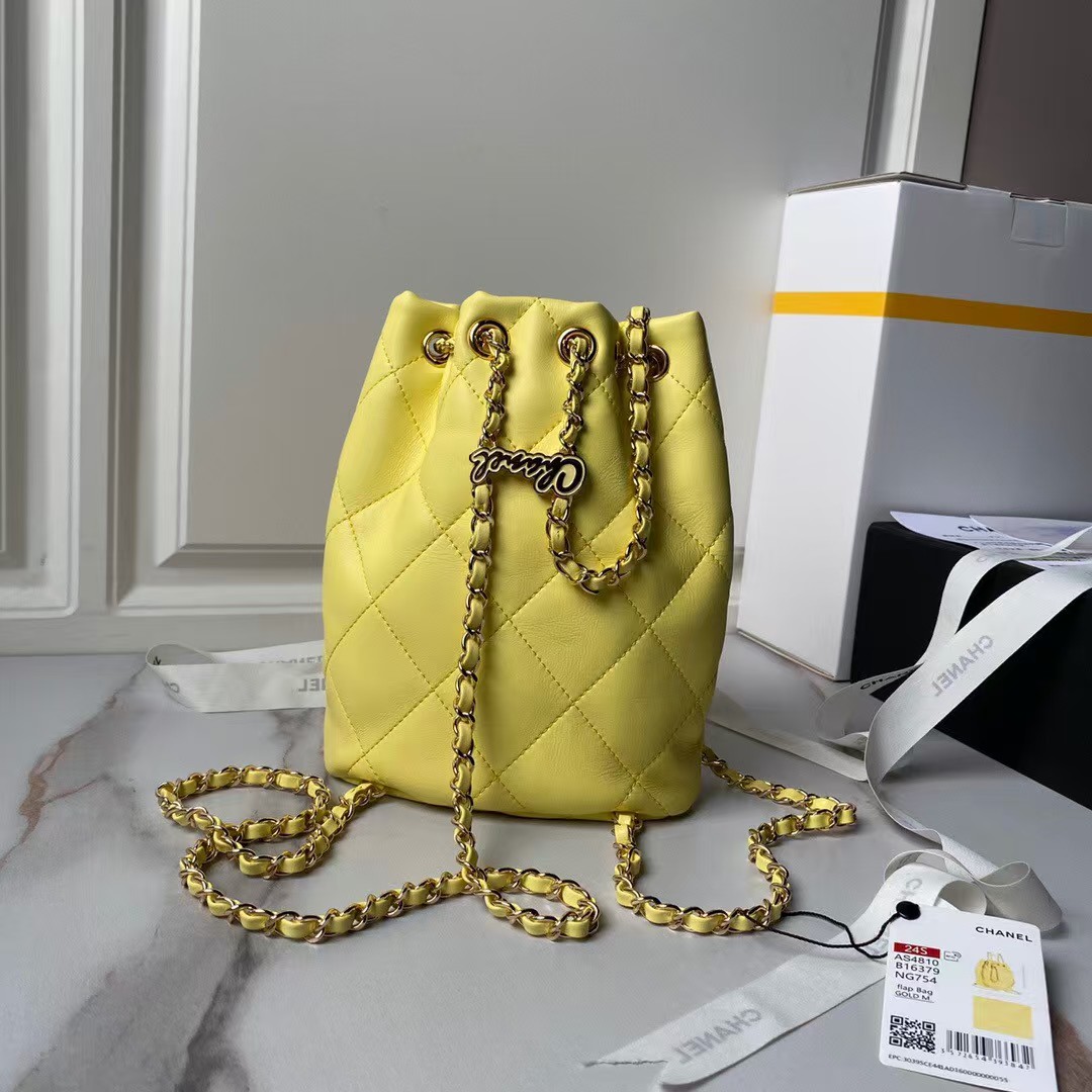 Replicate Chanel 24S AS4810 Medium CC Drawstring Backpack Shiny Lambskin Light Gold Hardware Yellow(1:1 replica)