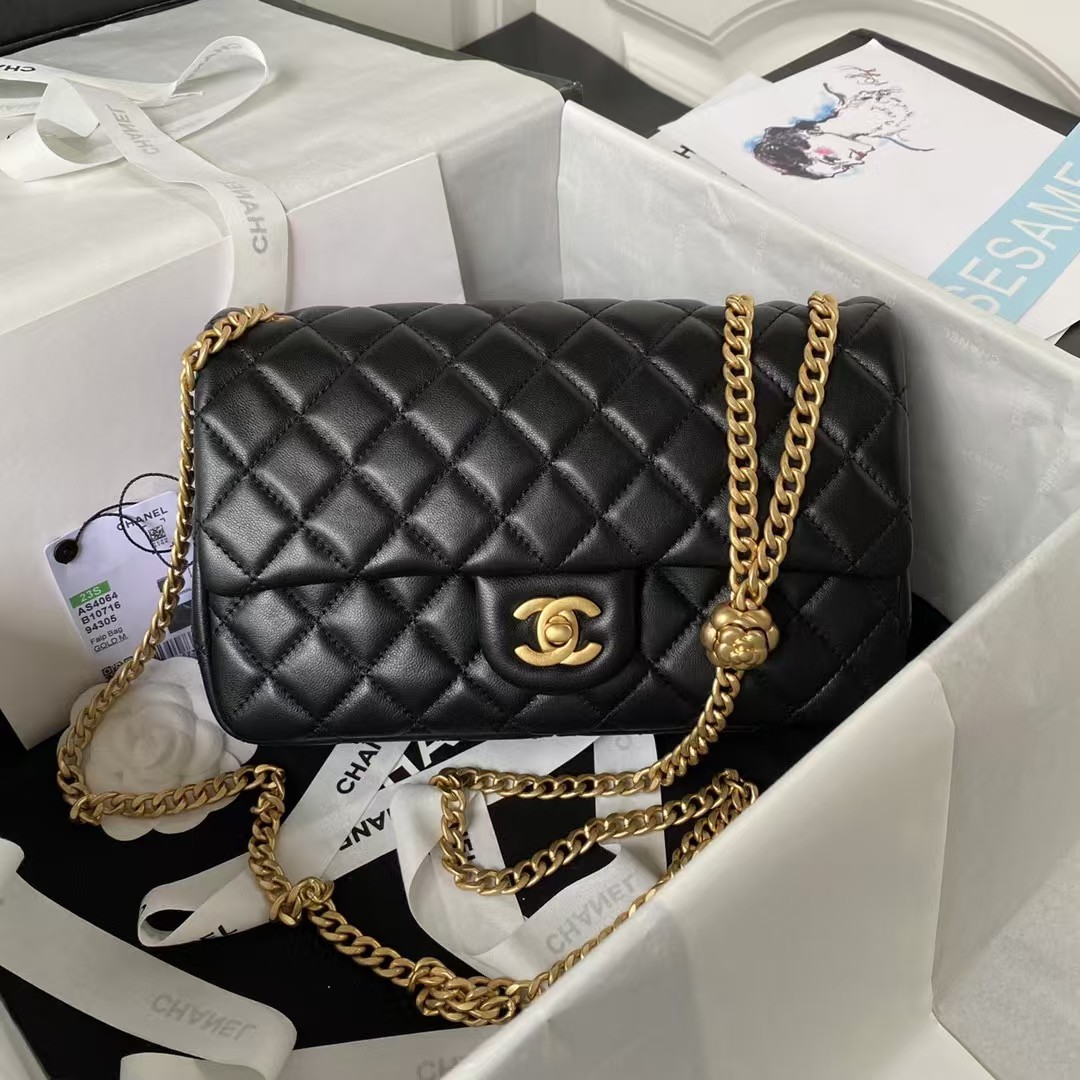 Replicate Chanel 23S AS4064 Camellia Embossed Chain Lambskin Flap Bag Black(1:1 replica)