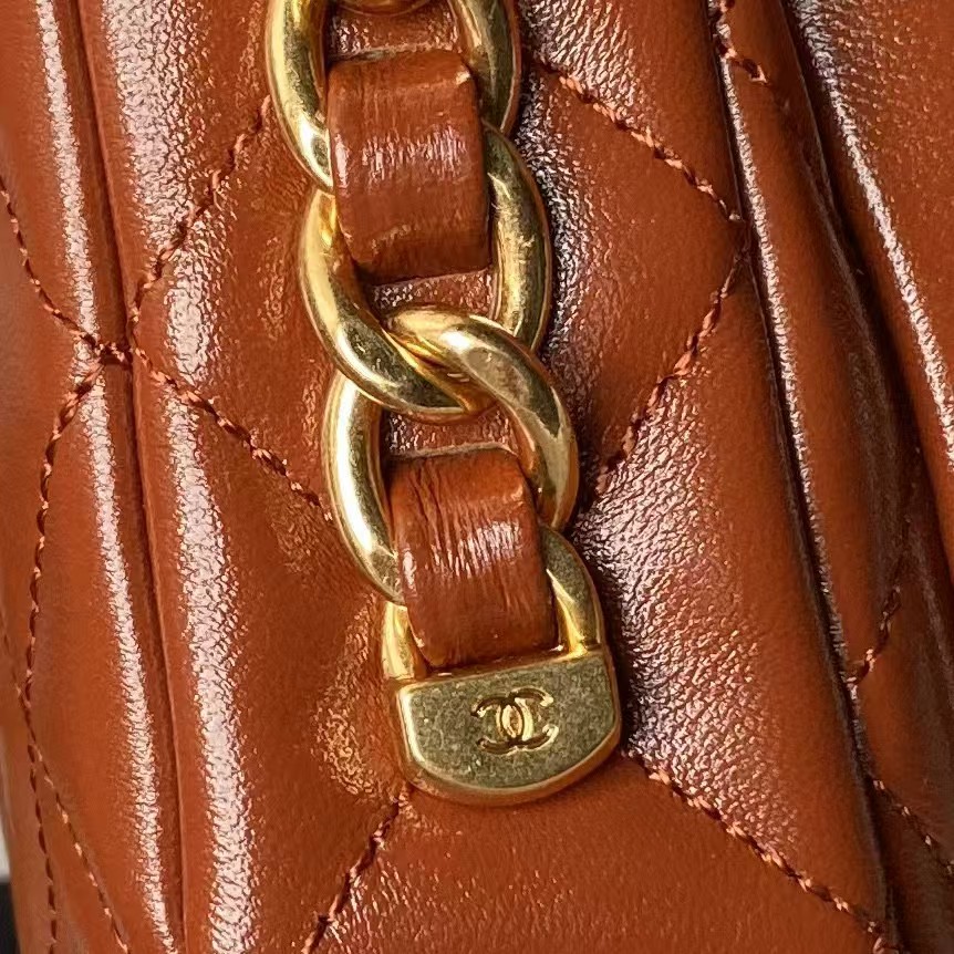 Replicate Chanel 24A AS4992 Mini Shiny Lambskin Flap Bag with Top Handle Brown(1:1 replica)