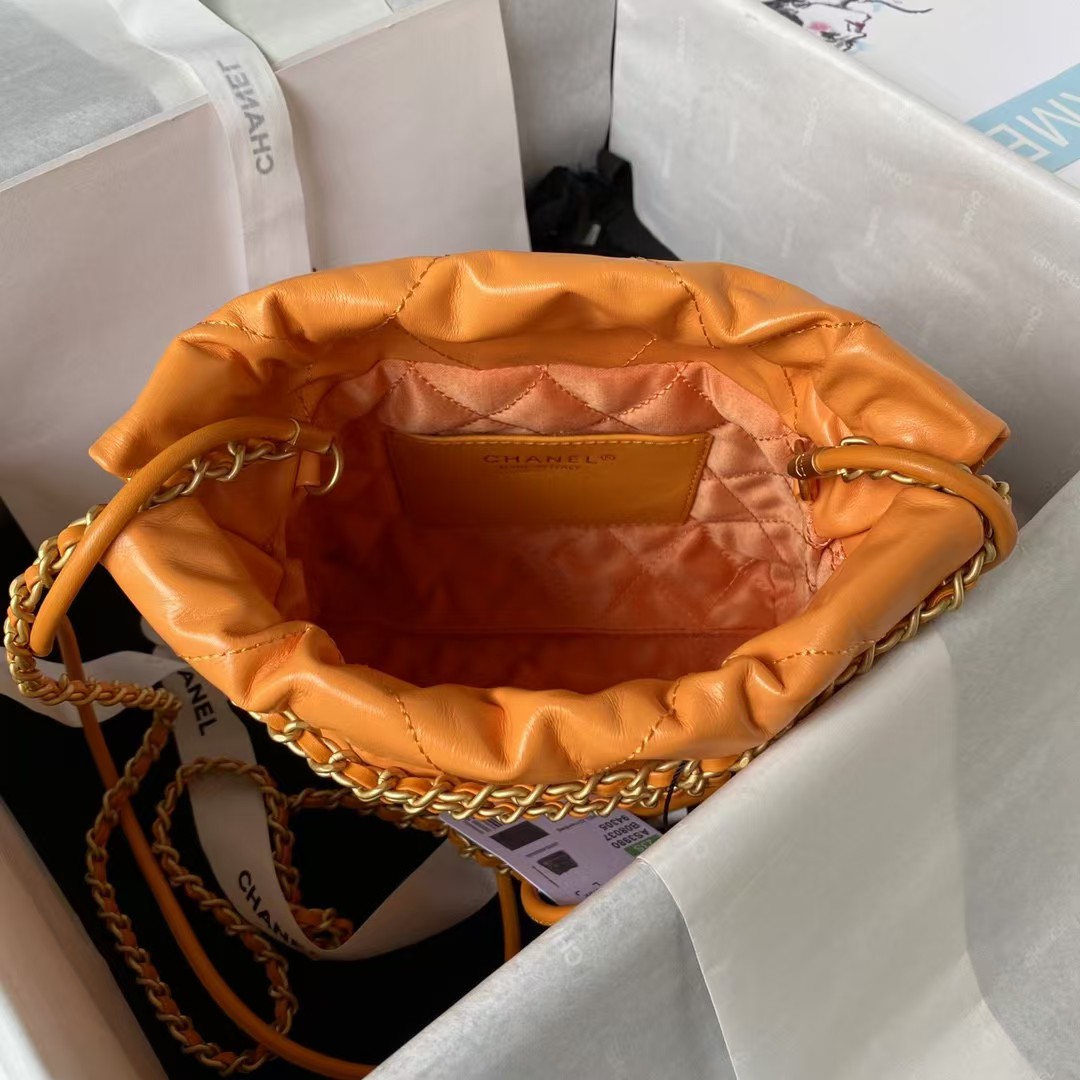 Replicate Chanel 22 AS3980 Mini Tote Shiny Calfskin   Gold-Tone Metal Orange(1:1 replica)
