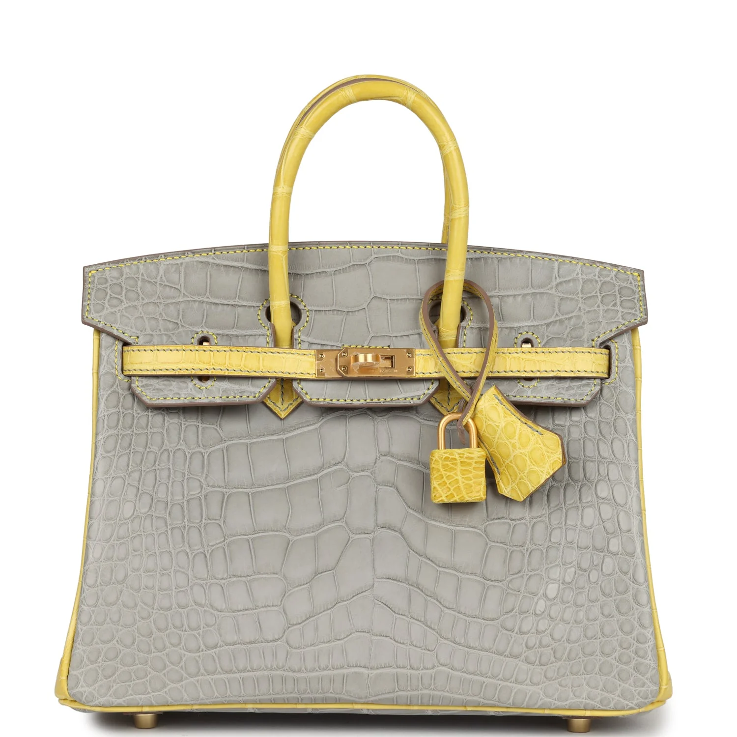 Replicate Hermes Special Order (HSS) Birkin 25 Gris Perle and Mimosa Matte Alligator Brushed Gold Hardware(1:1 replica)