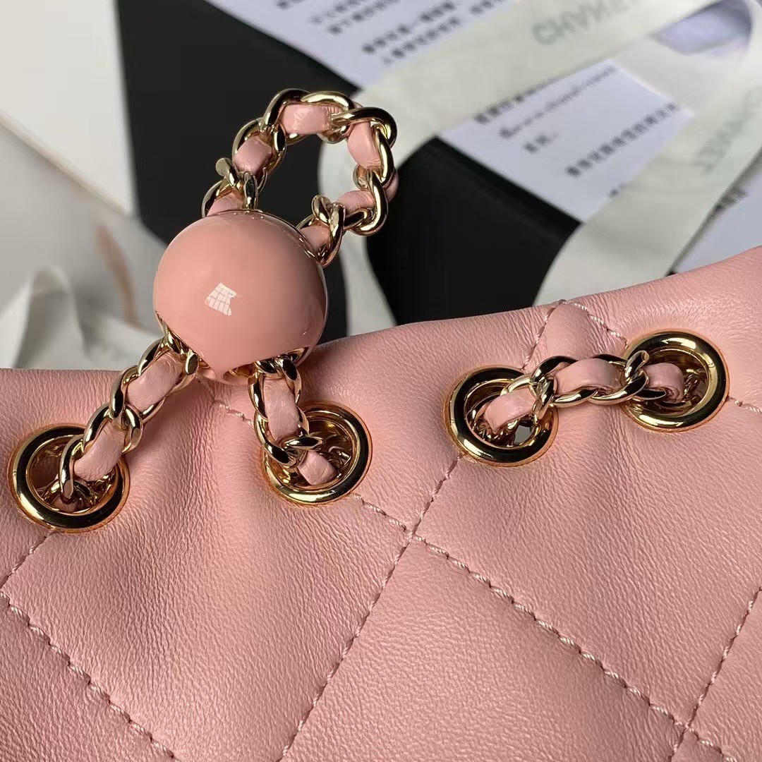 Replicate Chanel 24S AS4810 Medium CC Drawstring Backpack Shiny Lambskin Light Gold Hardware Pink(1:1 replica)