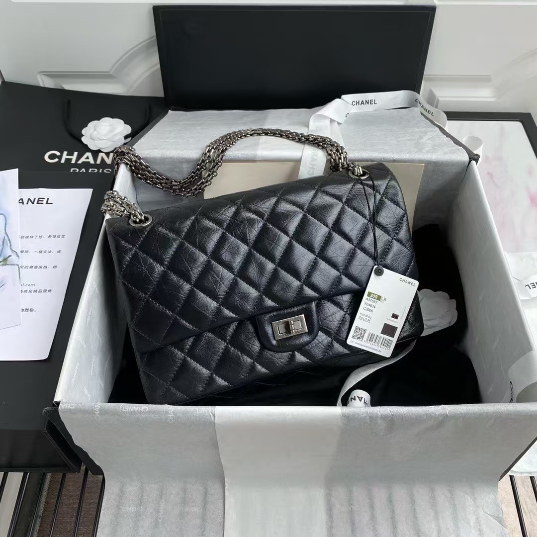 Replicate Chanel 23A A37587 Classic Large 2.55 Flap Bag Black Aged Calfskin Ruthenium Hardware(1:1 replica)