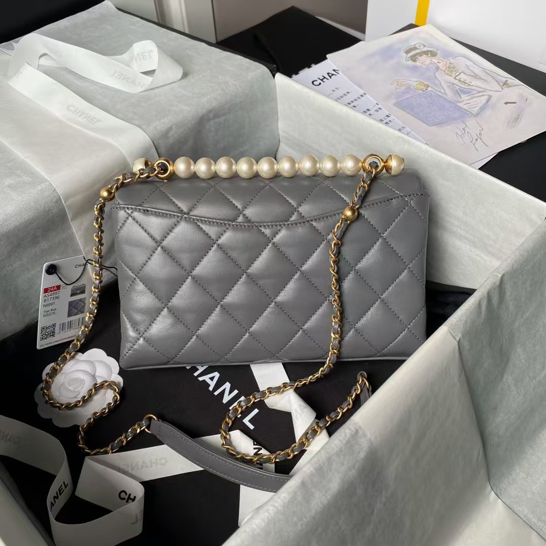 Replicate Chanel AS4997 Flap Bag Top Handle Shiny Lambskin Imitation Pearl   Gold Metal Grey(1:1 replica)