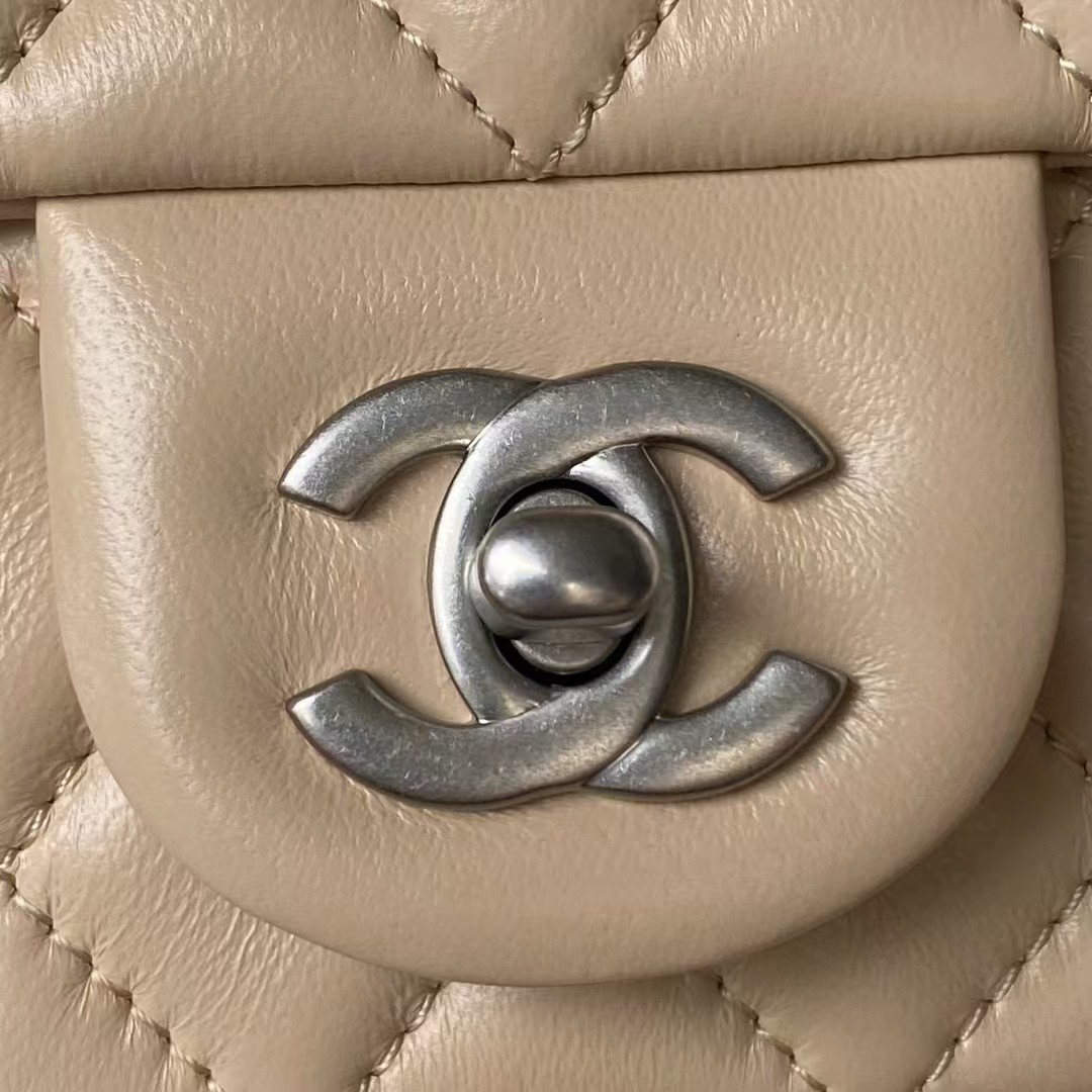 Replicate Chanel 23K AS1787 Mini Pearl Embossed Rectangular Flap Bag Lambskin Brushed Silver Metal Hardware Apricot(1:1 replica)