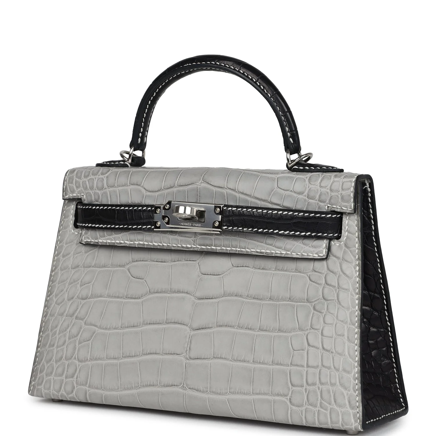 Replicate Hermes Special Order (HSS) Kelly Sellier 20 Gris Perle and Black Matte Alligator Palladium Hardware(1:1 replica)