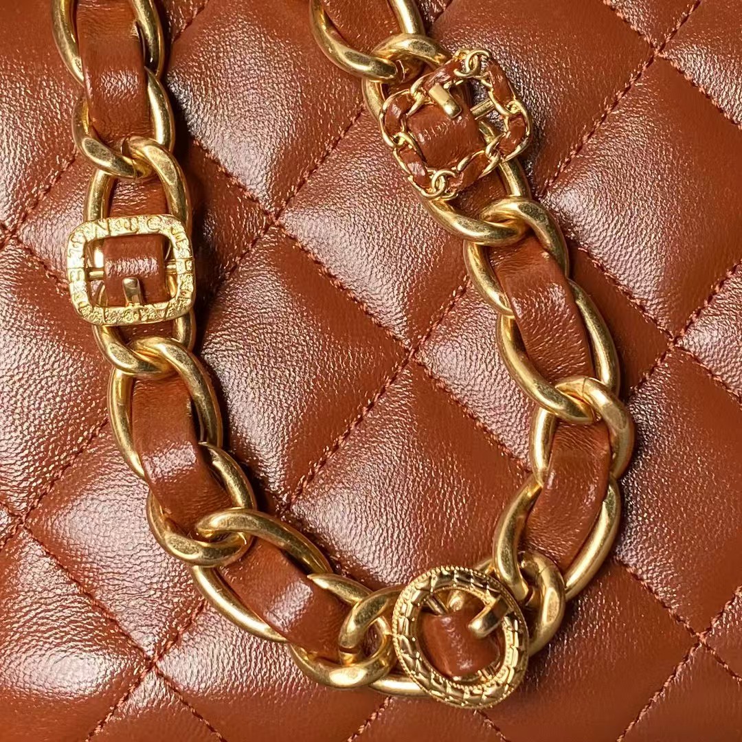 Replicate Chanel 24A AS4992 Mini Shiny Lambskin Flap Bag with Top Handle Brown(1:1 replica)