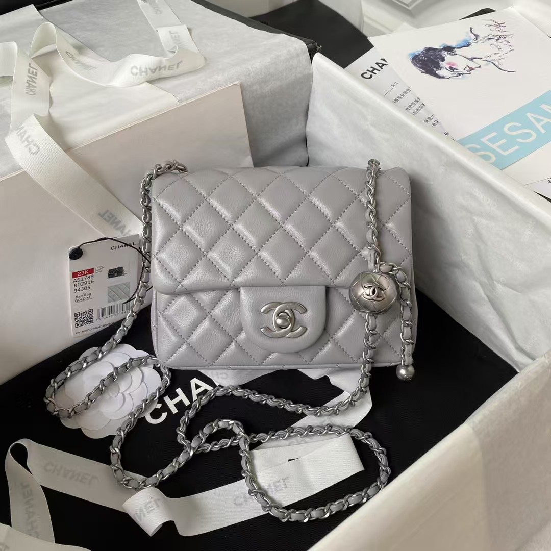 Replicate Chanel 23C AS1786 Mini Square Pearl Embossed Flap Bag Antique Silver Hardware Grey(1:1 replica)