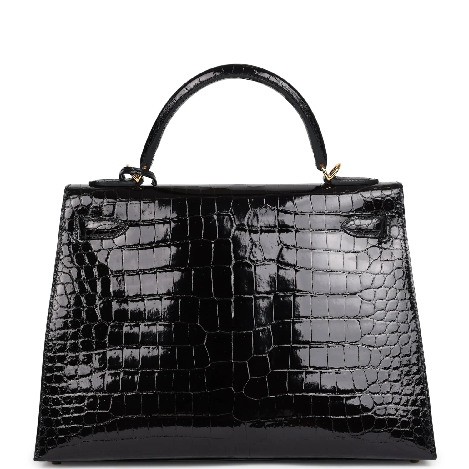 Replicate Hermes Kelly Sellier 32 Black Shiny Porosus Crocodile Gold Hardware(1:1 replica)