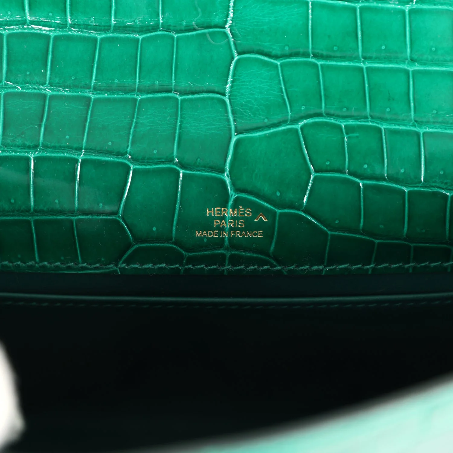 Replicate Hermes Kelly Pochette Emerald Shiny Porosus Crocodile Gold Hardware(1:1 replica)