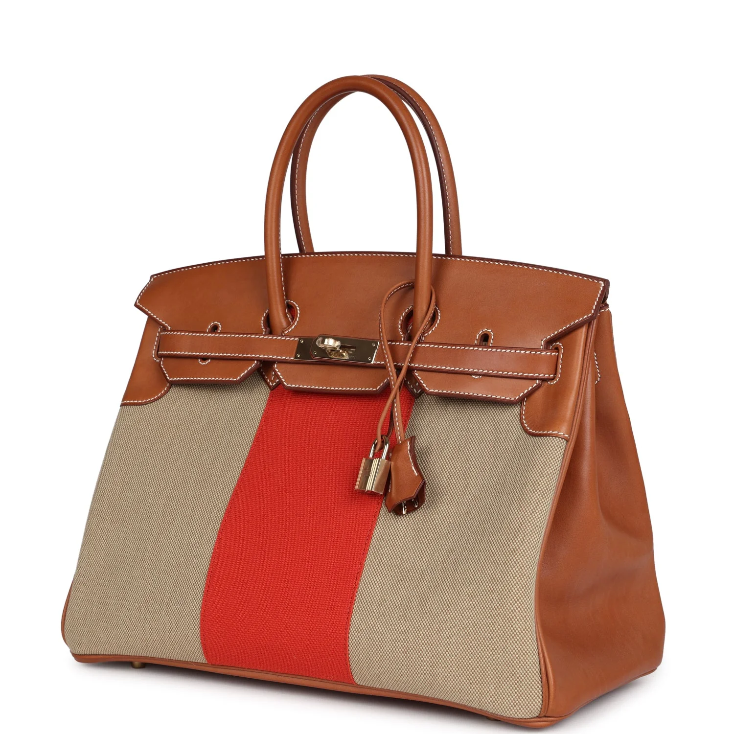 Replicate Hermes Birkin 35 Flag Ficelle and Paprika Toile H and Fauve Barenia Permabrass Hardware(1:1 replica)