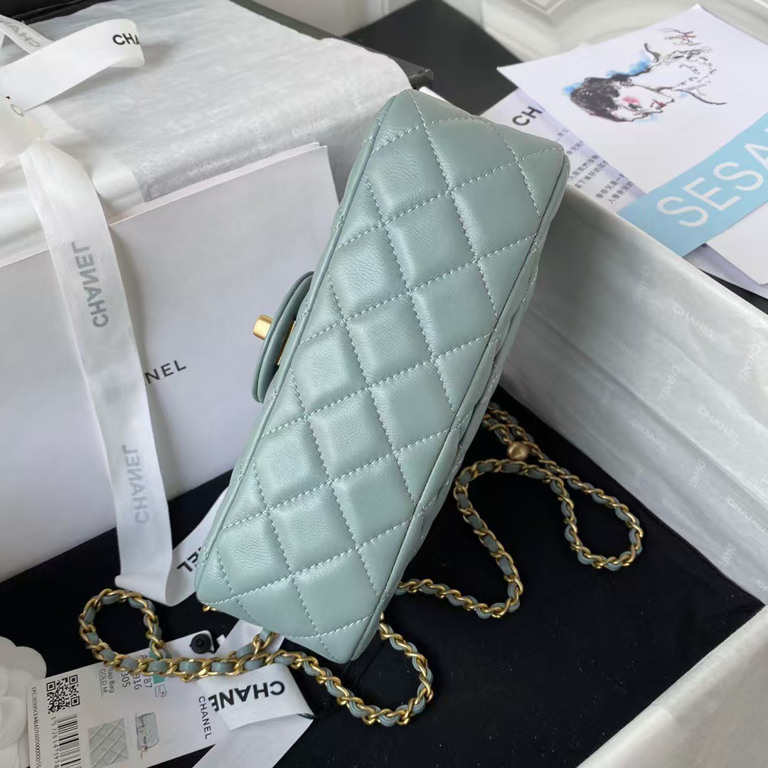 Replicate Chanel 23K AS1787 Mini Pearl Embossed Rectangular Flap Bag Lambskin Brushed Metal Hardware Light Blue(1:1 replica)