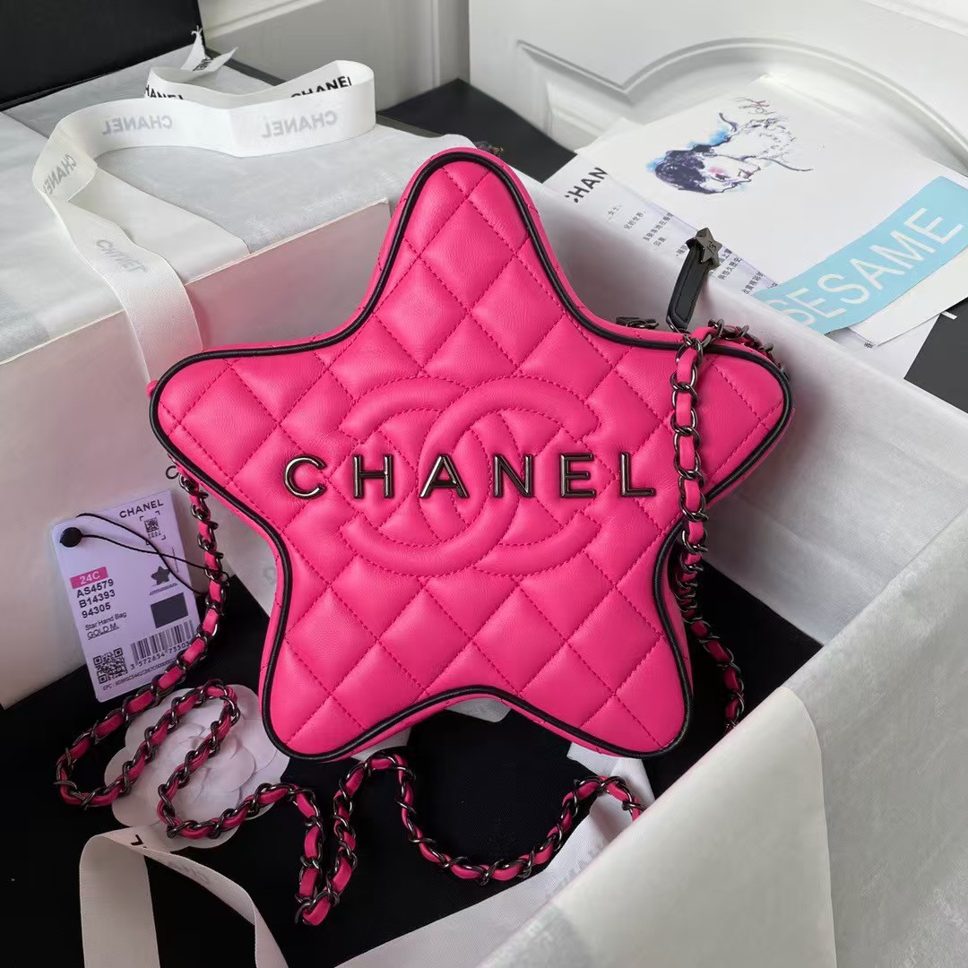 Replicate Chanel 24C AS4579 Star Bag Fuchsia and Black Satin Black Metal Hardware(1:1 replica)