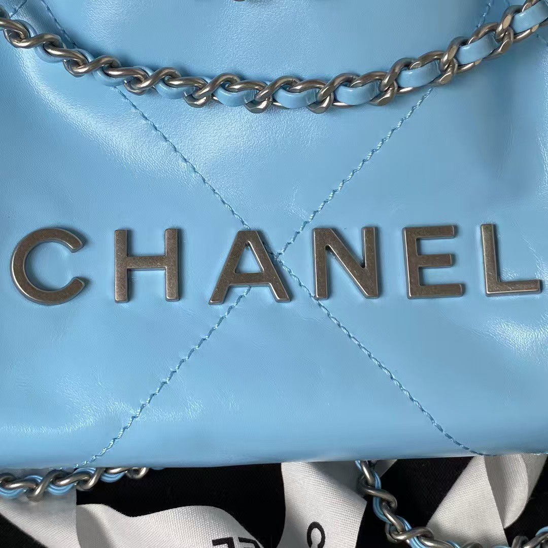 Replicate Chanel 22 AS3980 Mini Tote Shiny Calfskin   Silver-Tone Metal Sky Blue(1:1 replica)
