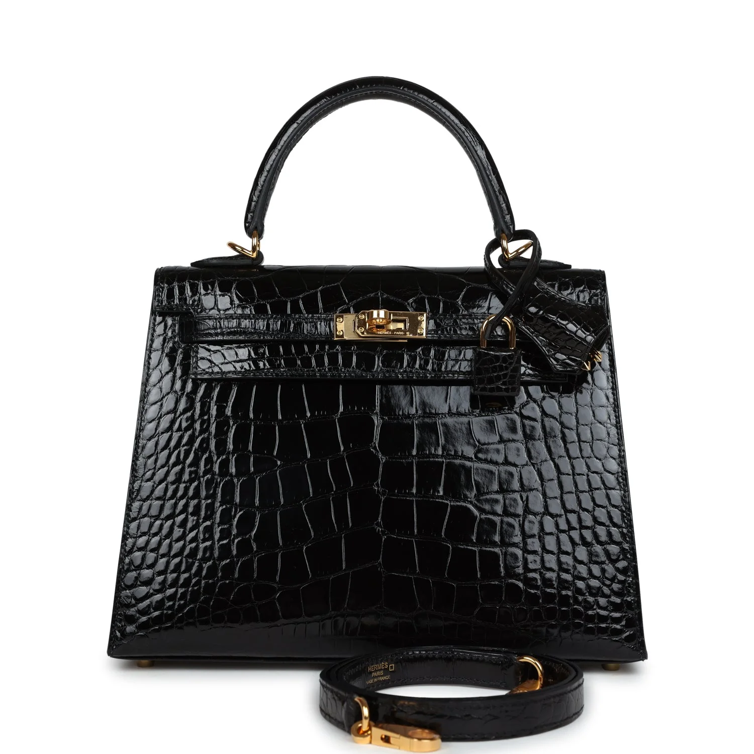 Replicate Hermes Kelly Sellier 25 Black Shiny Alligator Gold Hardware(1:1 replica)