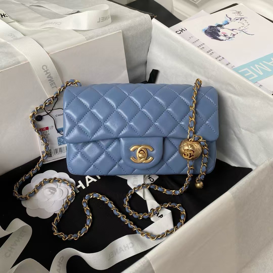 Replicate Chanel 23K AS1787 Mini Pearl Embossed Rectangular Flap Bag Lambskin Brushed Metal Hardware Blue(1:1 replica)