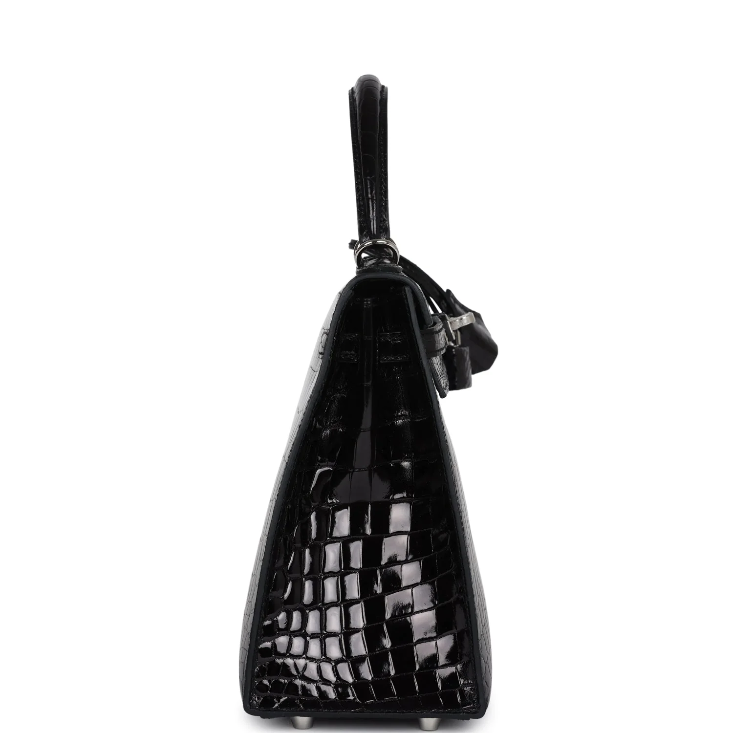 Replicate Hermes Kelly Sellier 25 Black Shiny Niloticus Crocodile Palladium Hardware(1:1 replica)
