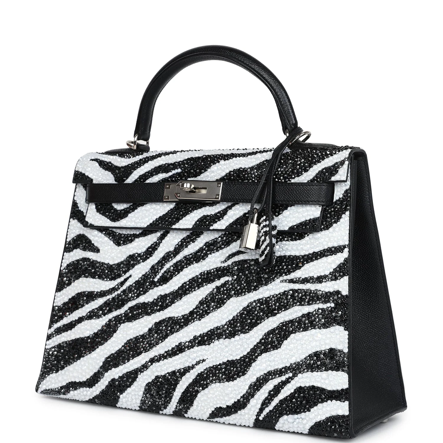 Replicate Custom Zebra Swarovski Crystal Hermes Kelly Sellier 32 Black Epsom Palladium Hardware(1:1 replica)