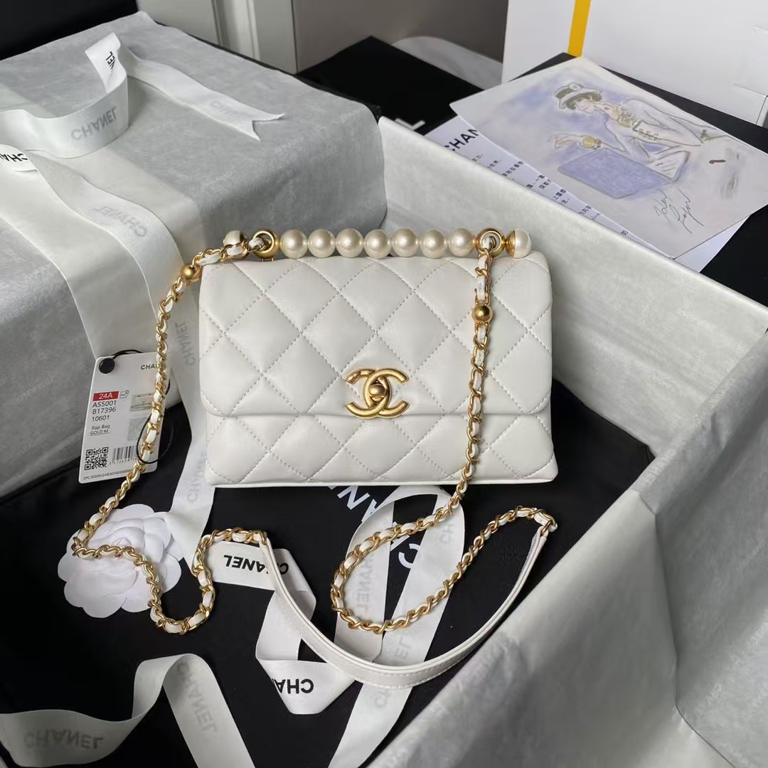 Replicate Chanel AS5001 Mini Flap Bag Top Handle Shiny Lambskin Imitation Pearl   Gold Metal White(1:1 replica)