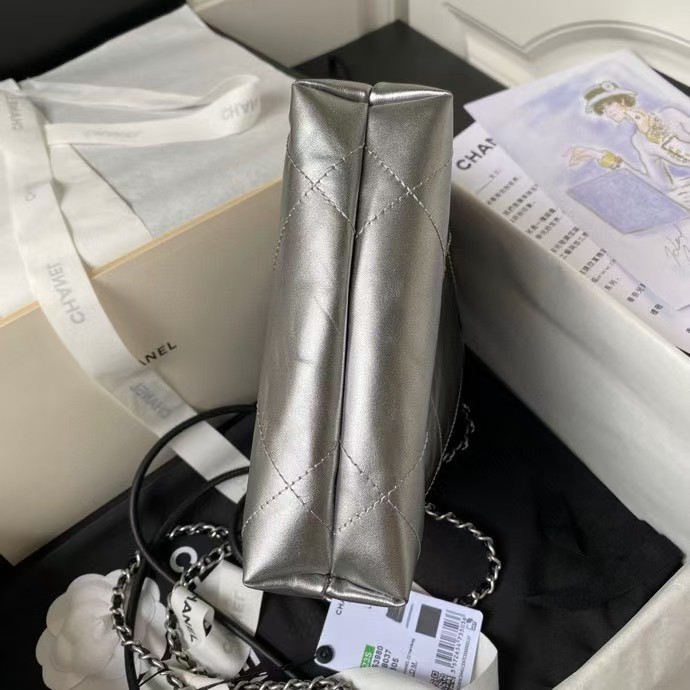Replicate Chanel 22 AS3980 Mini Tote Shiny Calfskin   Silver Metal Silver Black(1:1 replica)