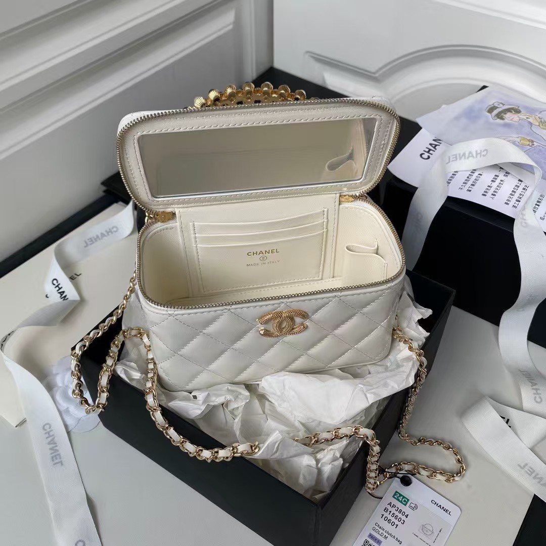 Replicate Chanel AP3804 Clutch Lambskin Cosmetic Bag With Pearl Handle White(1:1 replica)