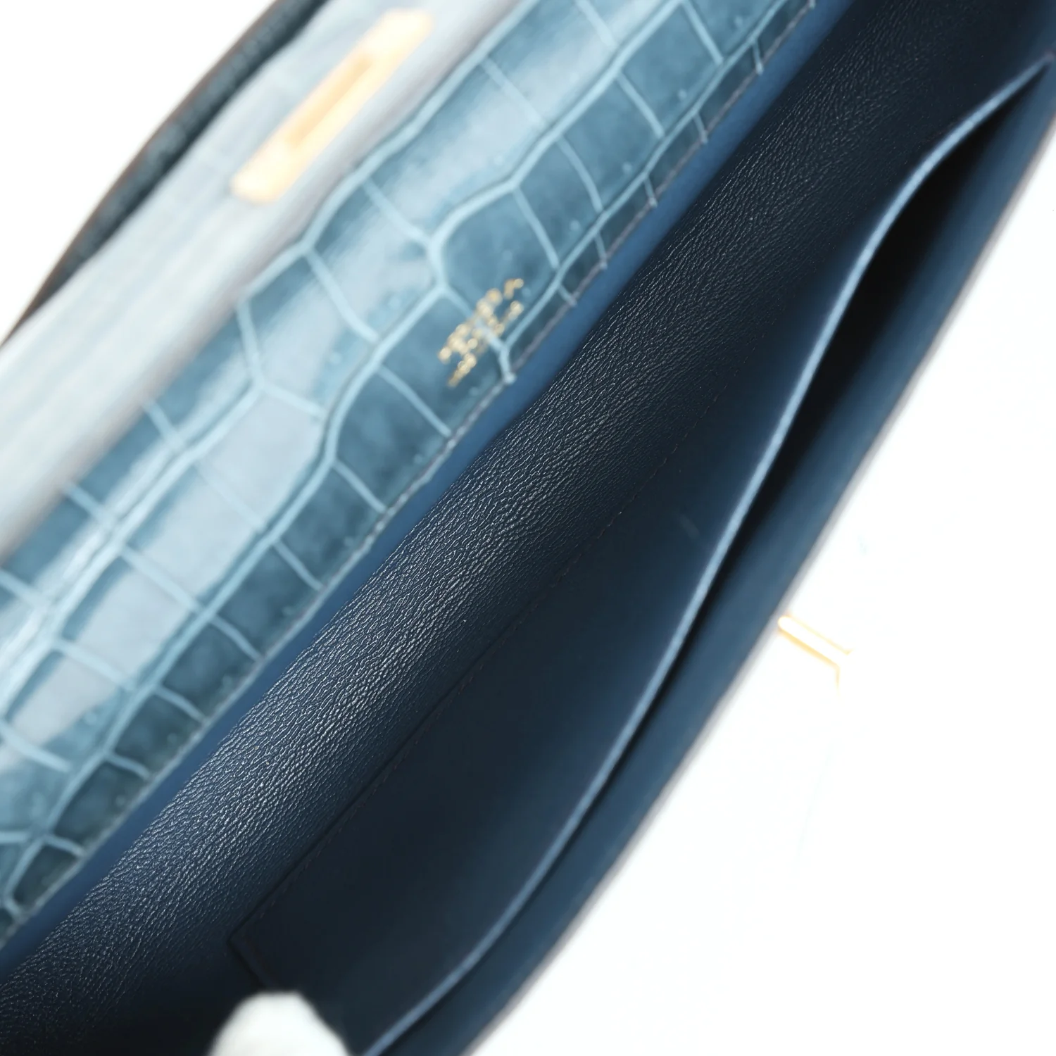 Replicate Hermes Kelly Cut Bleu Jean Shiny Porosus Crocodile Gold Hardware(1:1 replica)