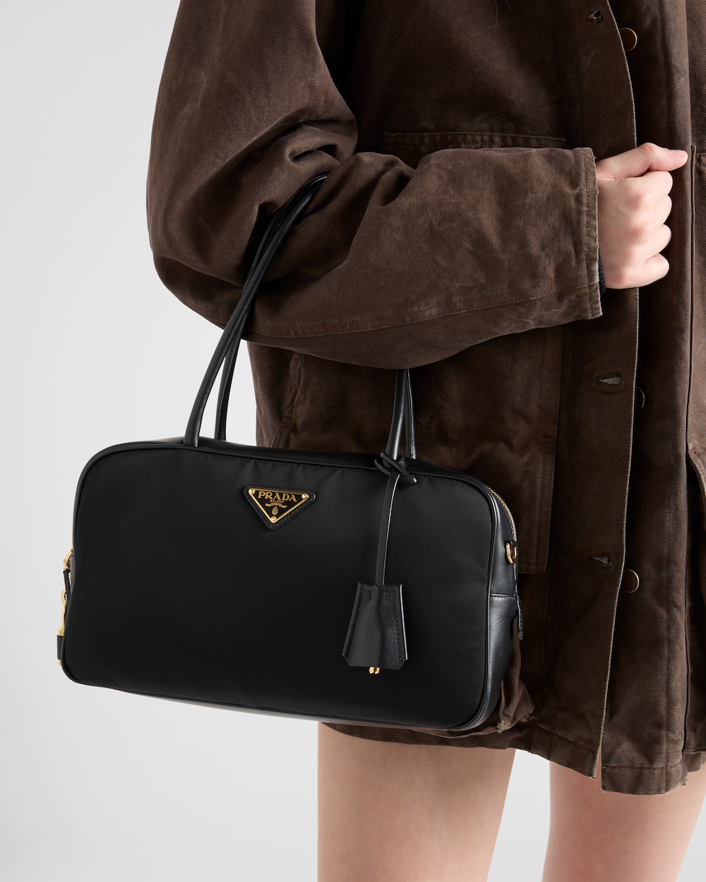 Replicate Re-Nylon and Leather Medium Top-Handle Bag With Padlock(1:1 replica)