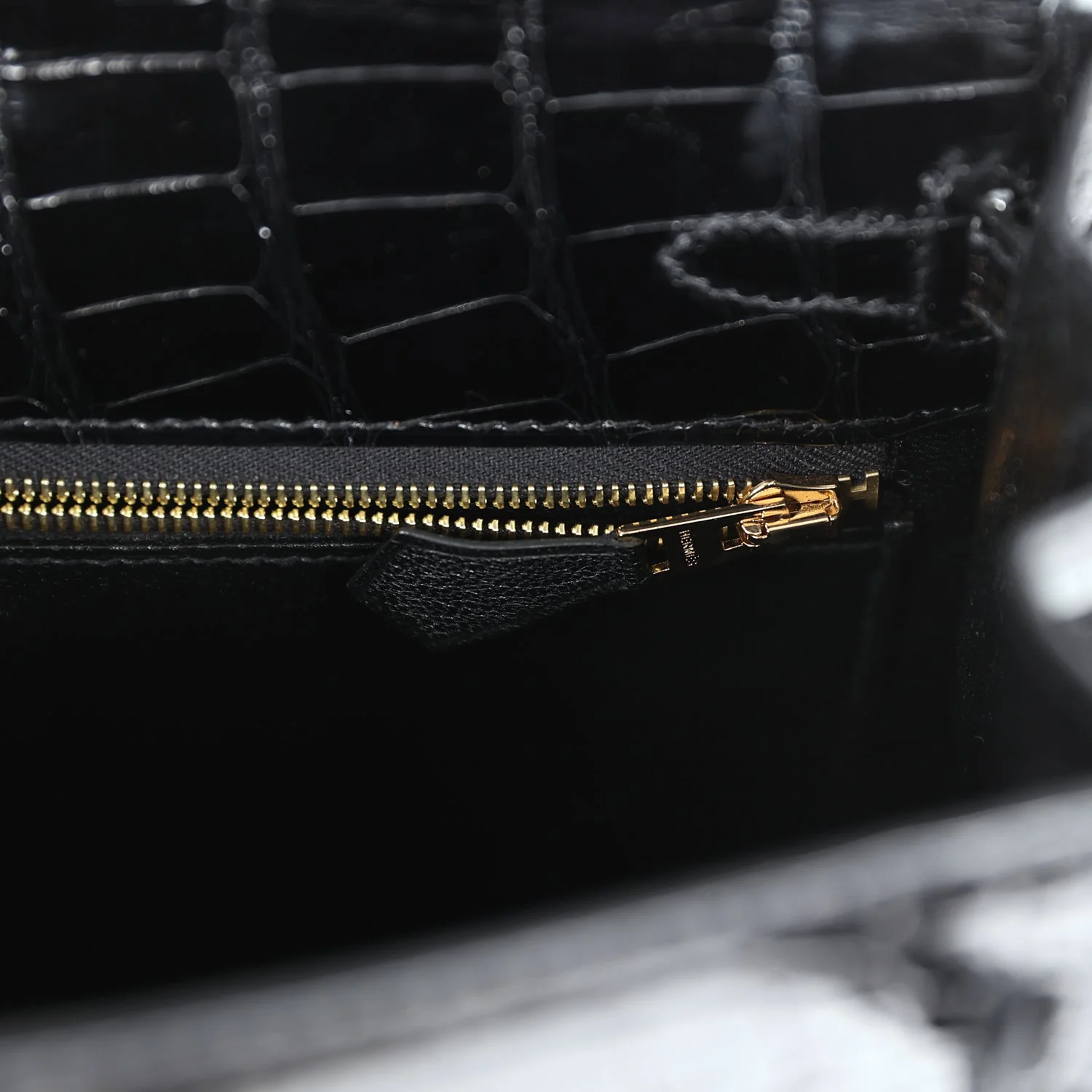 Replicate Hermes Kelly Sellier 25 Black Shiny Alligator Gold Hardware(1:1 replica)