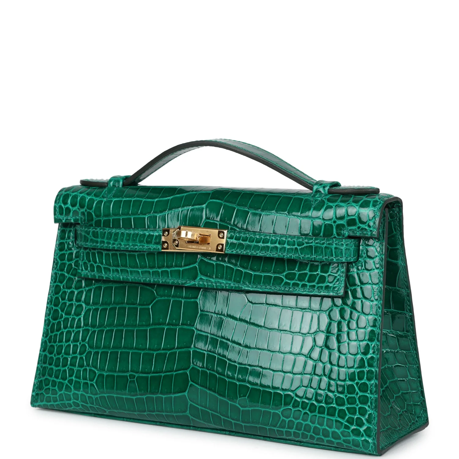 Replicate Hermes Kelly Pochette Emerald Shiny Porosus Crocodile Gold Hardware(1:1 replica)