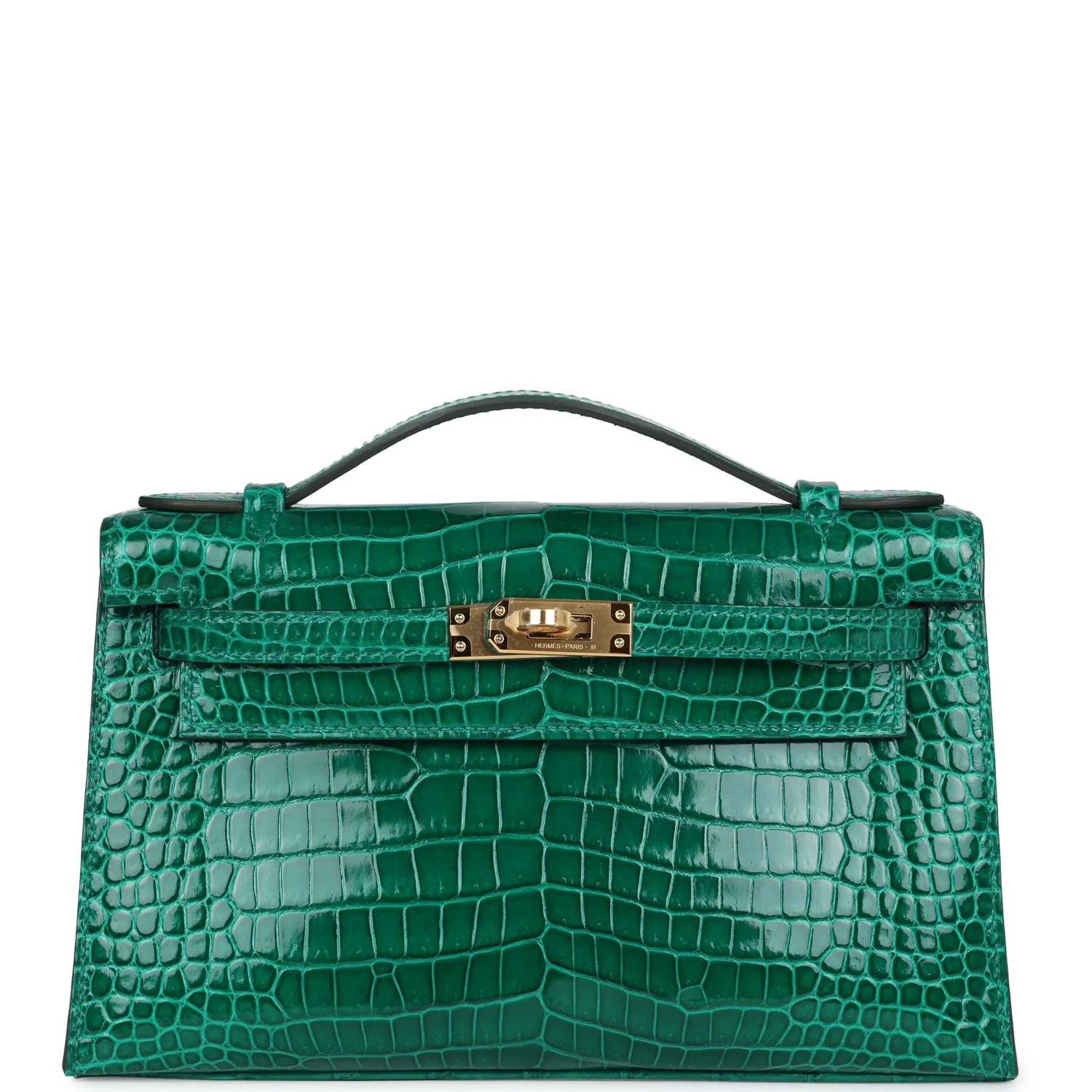 Replicate Hermes Kelly Pochette Emerald Shiny Porosus Crocodile Gold Hardware(1:1 replica)