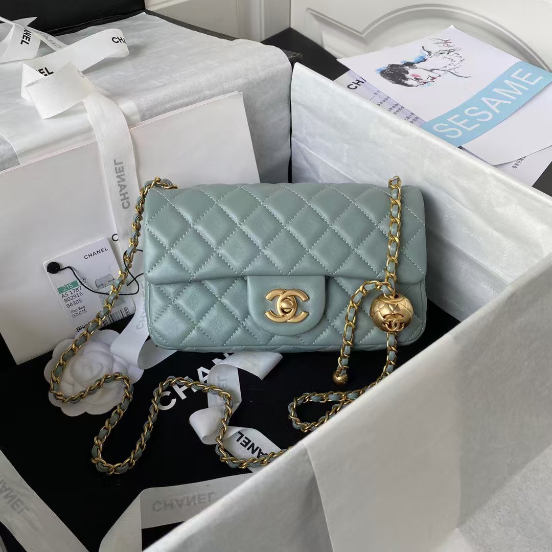 Replicate Chanel 23K AS1787 Mini Pearl Embossed Rectangular Flap Bag Lambskin Brushed Metal Hardware Light Blue(1:1 replica)