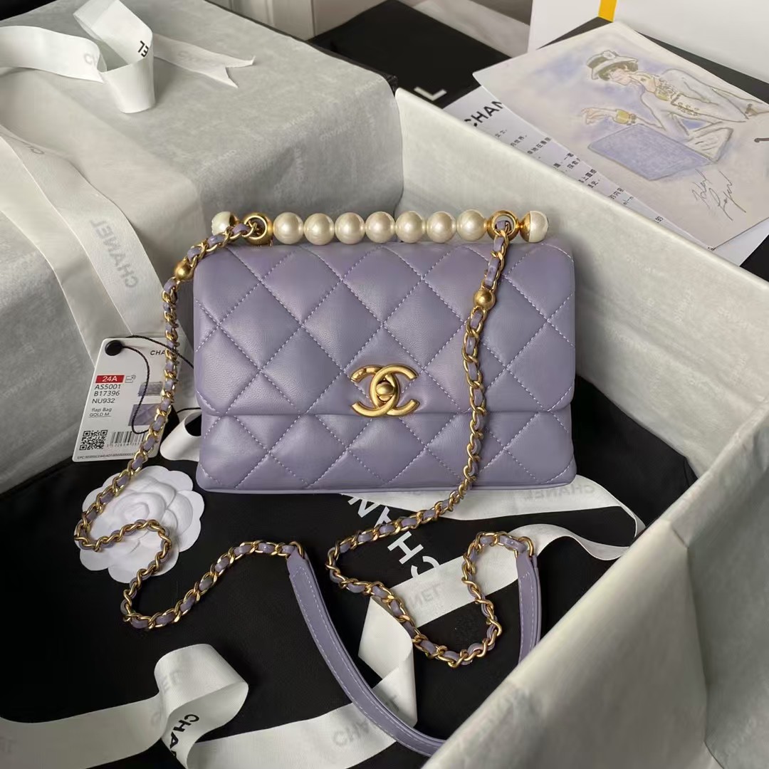 Replicate Chanel AS5001 Mini Flap Bag Top Handle Shiny Lambskin Faux Pearl   Gold Metallic Purple(1:1 replica)