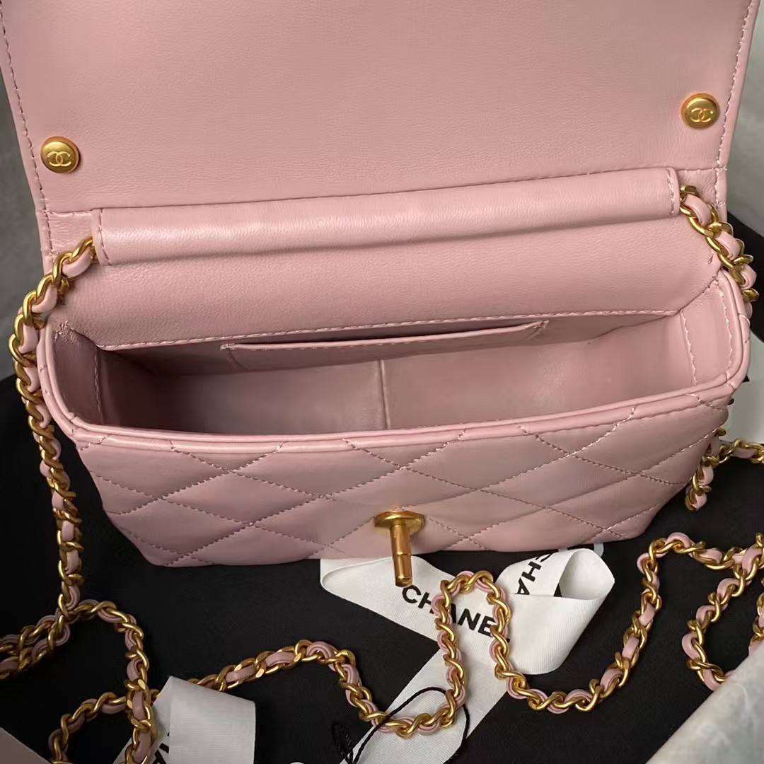 Replicate Chanel AS4986 Mini Flap bag Shiny Lambskin Imitation Pearls   Gold-Tone Metal Pink(1:1 replica)