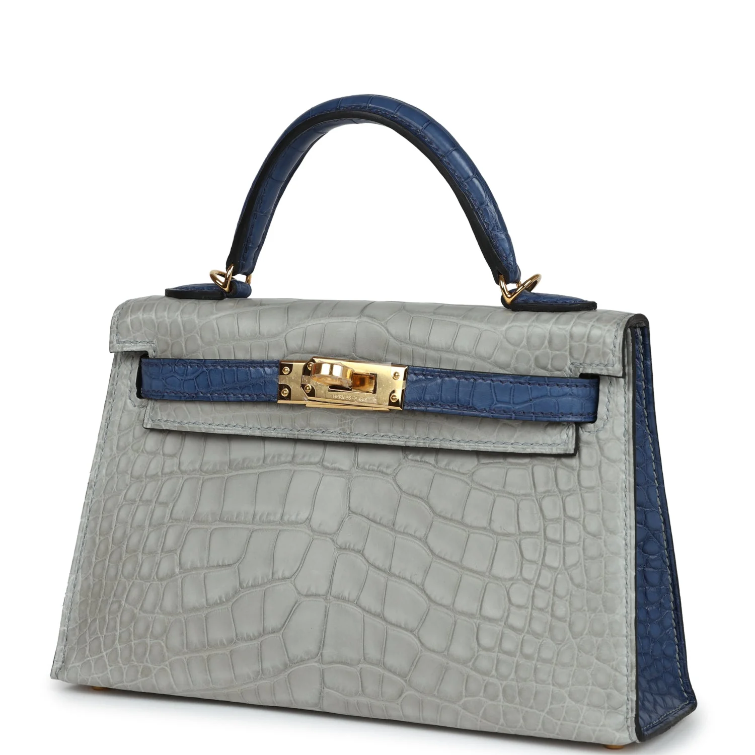 Replicate Hermes Special Order (HSS) Kelly Sellier 20 Gris Perle and Bleu de Malte Matte Alligator Gold Hardware(1:1 replica)