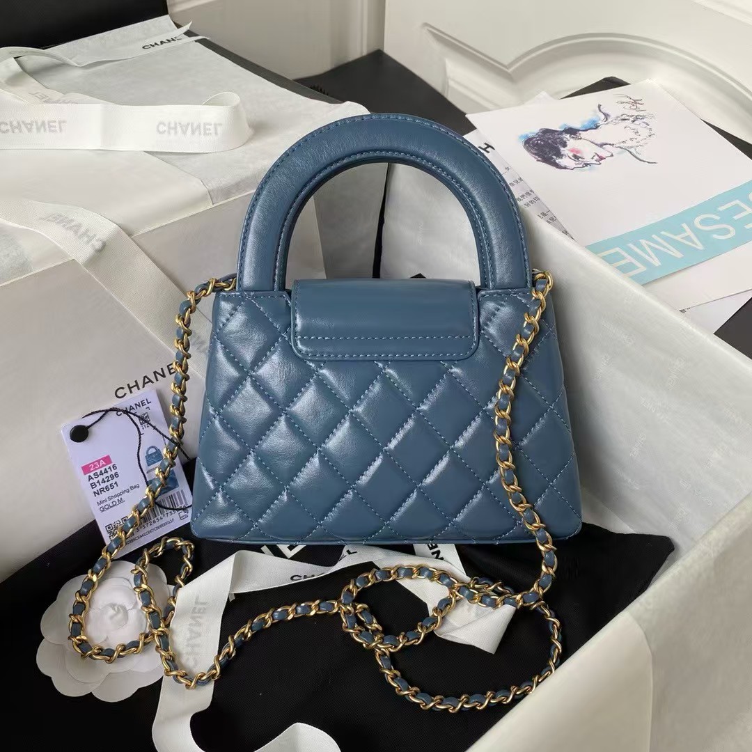 Replicate Chanel AS4416 Mini Shopping Bag Shiny Aged Calfskin Gold-Tone Metal Blue(1:1 replica)