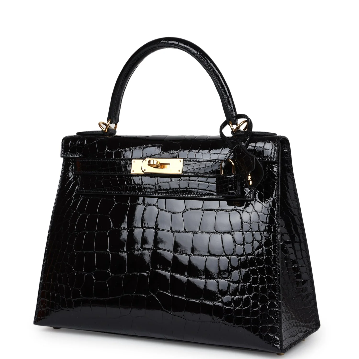 Replicate Hermes Kelly Sellier 28 Black Shiny Alligator Gold Hardware(1:1 replica)