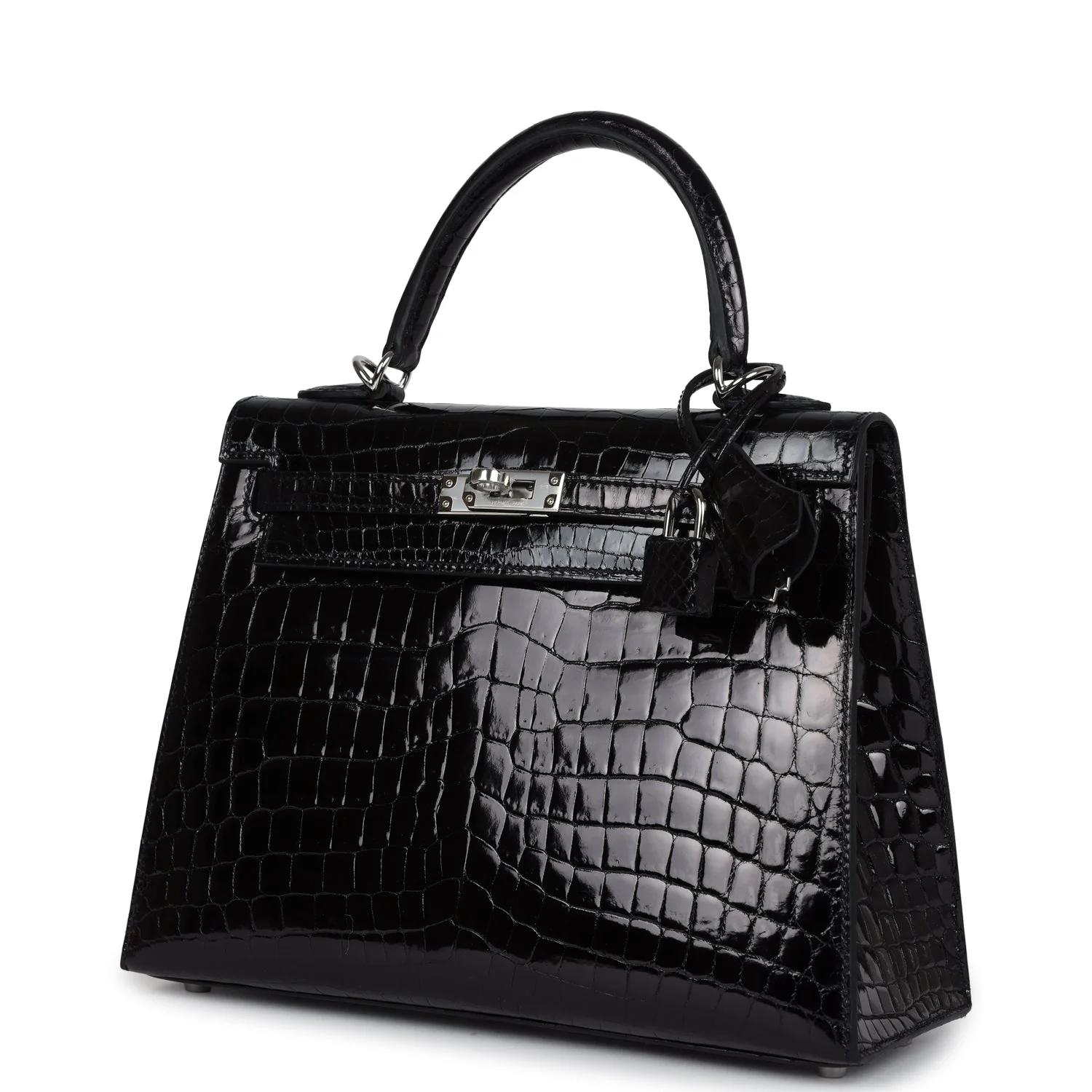 Replicate Hermes Kelly Sellier 25 Black Shiny Niloticus Crocodile Palladium Hardware(1:1 replica)