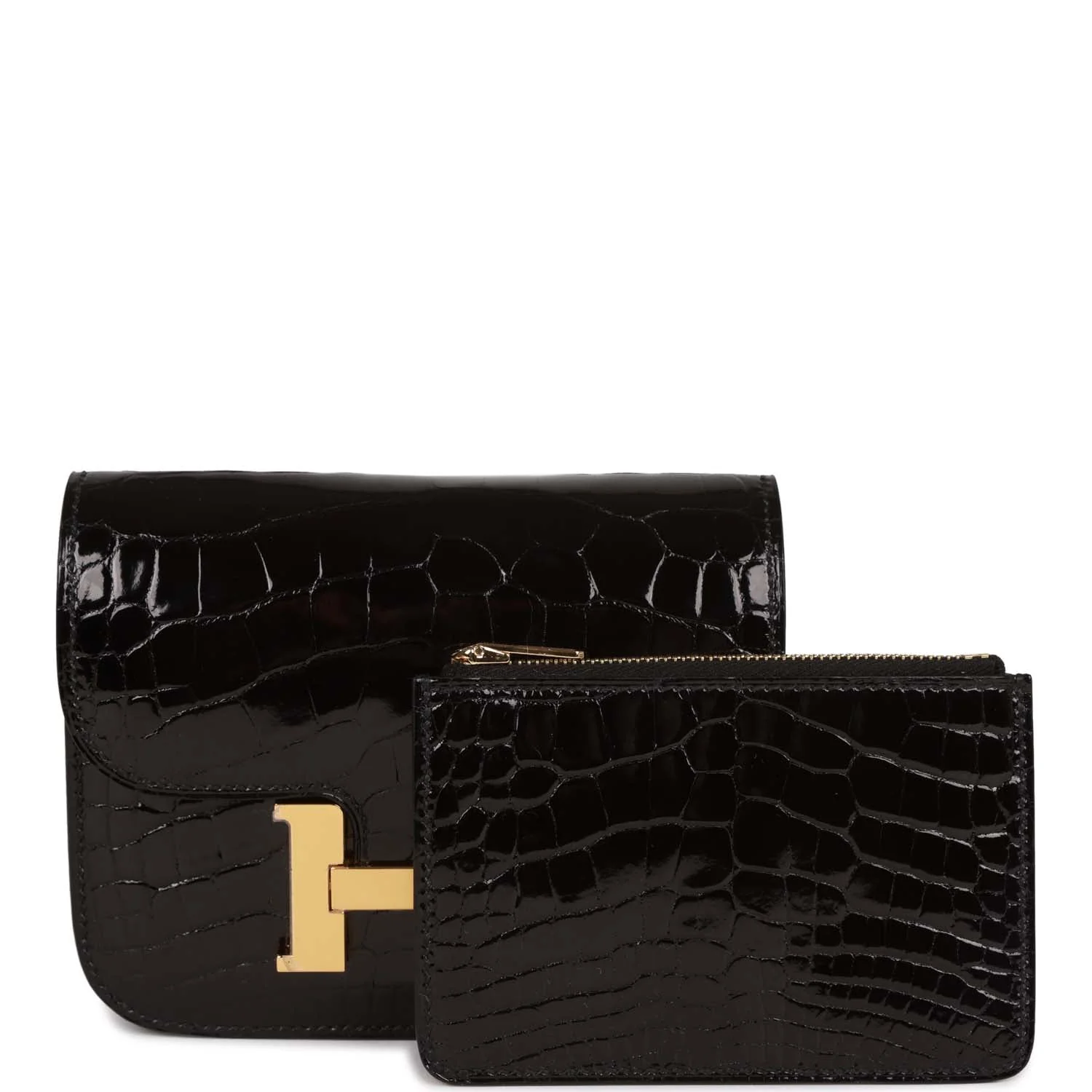 Replicate Hermes Constance Slim Wallet Shiny Black Alligator Gold Hardware(1:1 replica)