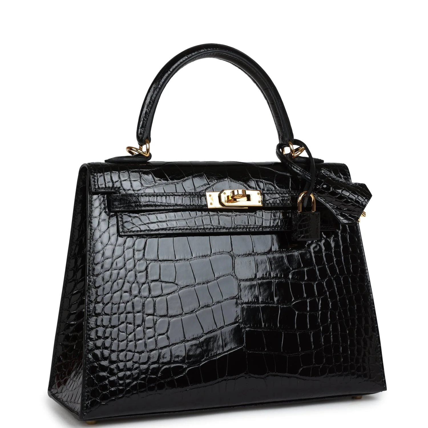 Replicate Hermes Kelly Sellier 25 Black Shiny Alligator Gold Hardware(1:1 replica)
