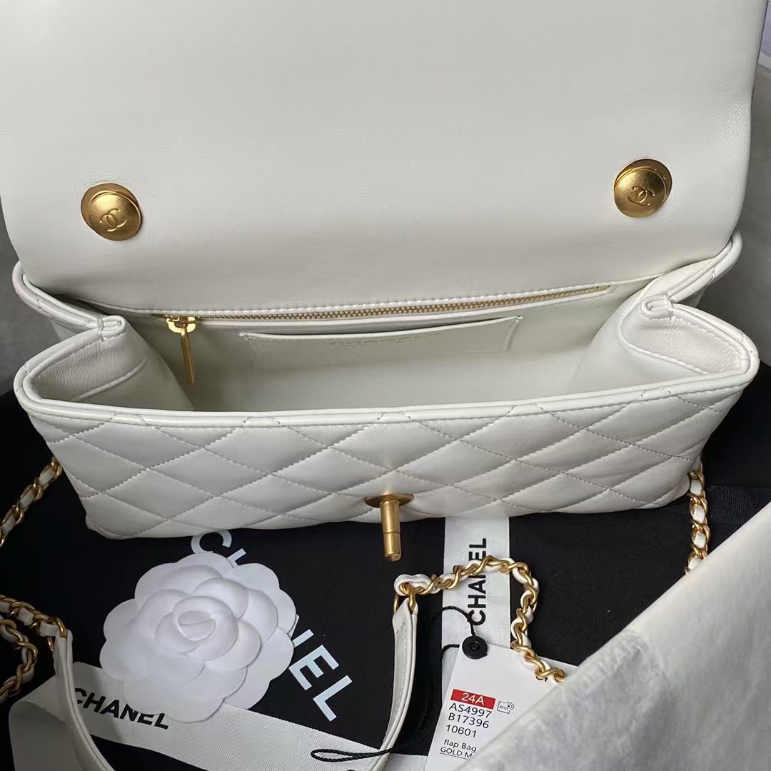 Replicate Chanel AS4997 Flap Bag Top Handle Shiny Lambskin Imitation Pearl   Gold Metal White(1:1 replica)
