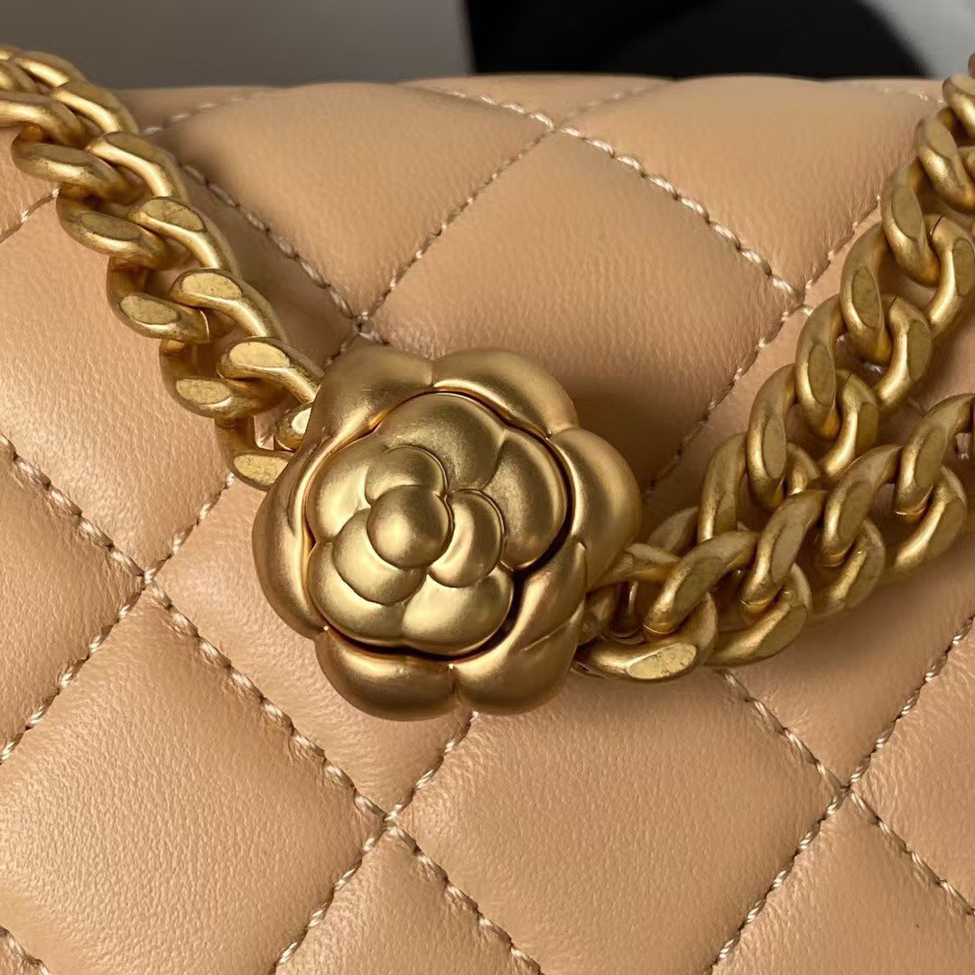 Replicate Chanel 23S AS4041 Mini Camellia Embossed Rectangular Flap Bag Antique Gold Metal Hardware Apricot(1:1 replica)