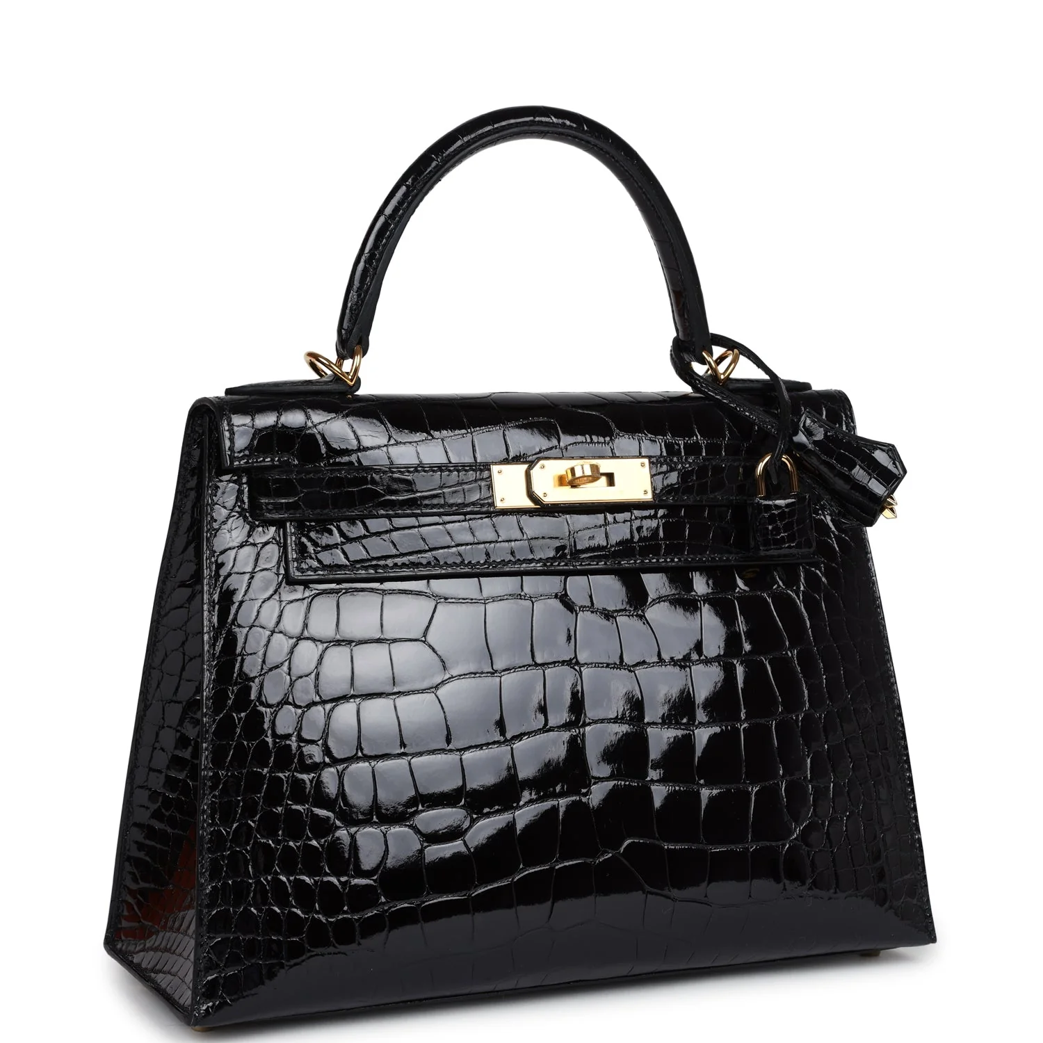 Replicate Hermes Kelly Sellier 28 Black Shiny Alligator Gold Hardware(1:1 replica)