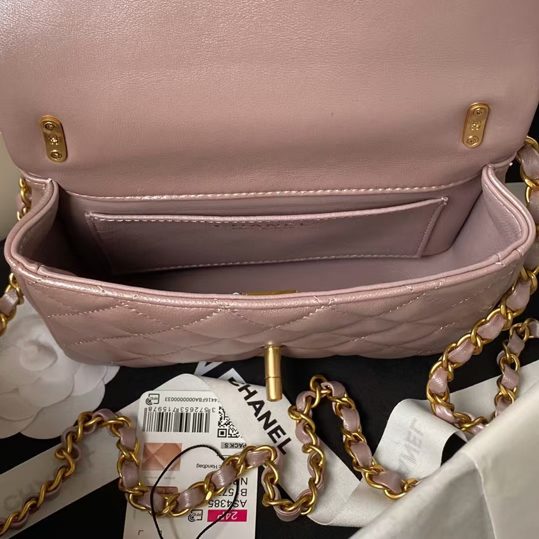 Replicate Chanel AS4385 Mini Flap Bag Pearl Lambskin Faux Pearl   Gold Metal Pink Iridescent(1:1 replica)