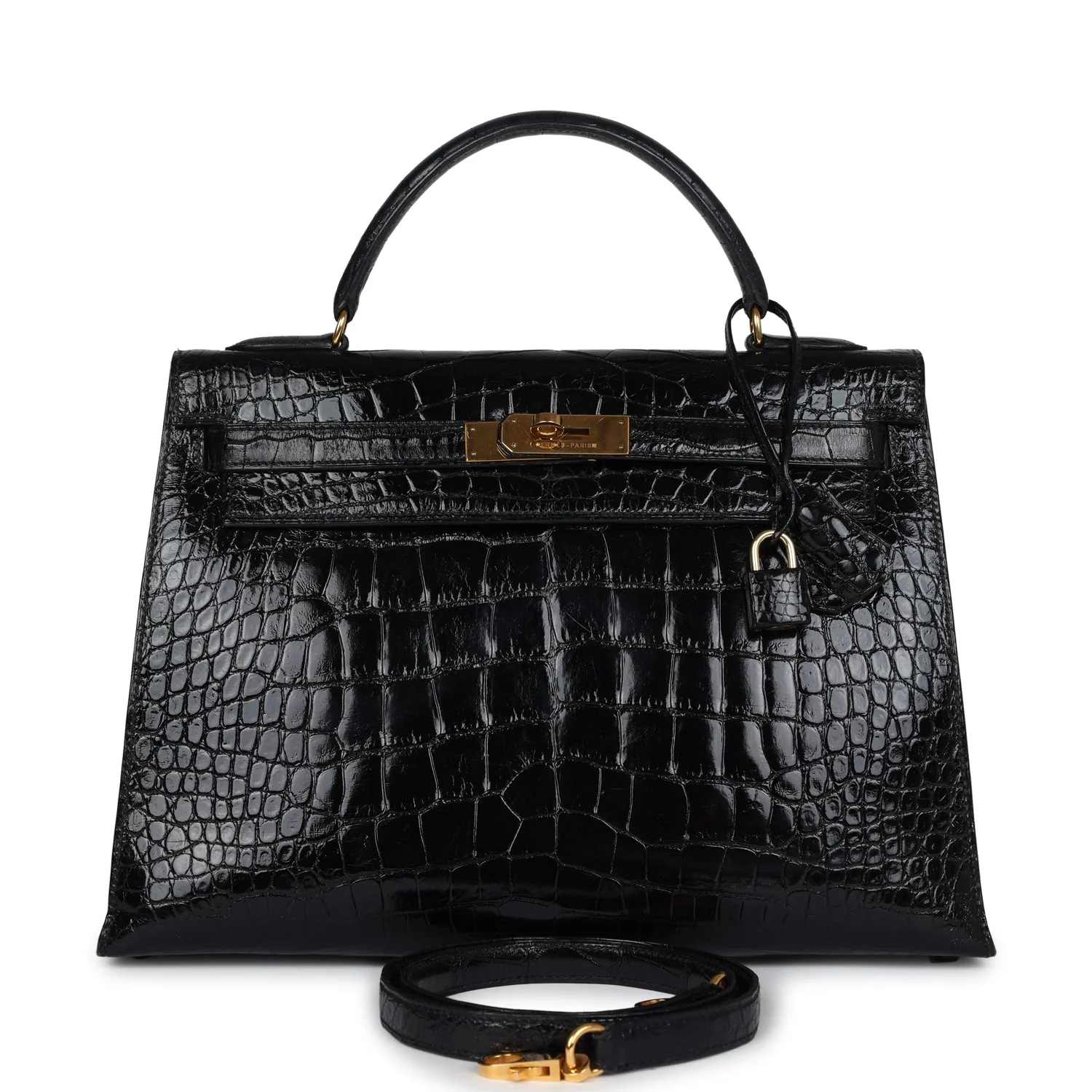 Replicate Vintage Hermes Kelly Sellier 32 Black Shiny Alligator Gold Hardware(1:1 replica)