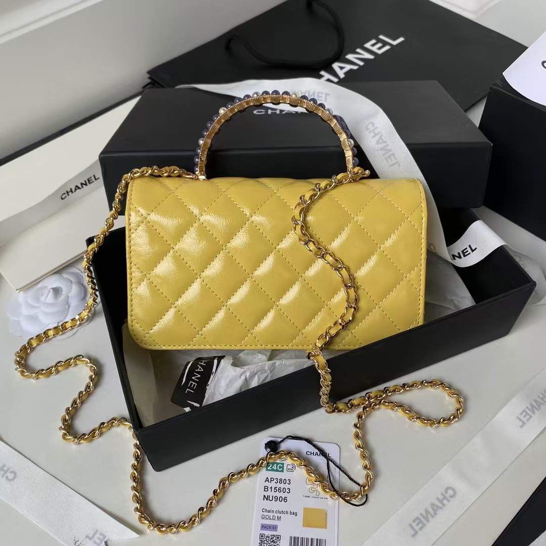 Replicate Chanel 24P AP3803 Shiny Crinkled Lambskin Chain Clutch Pearl Handle Yellow(1:1 replica)