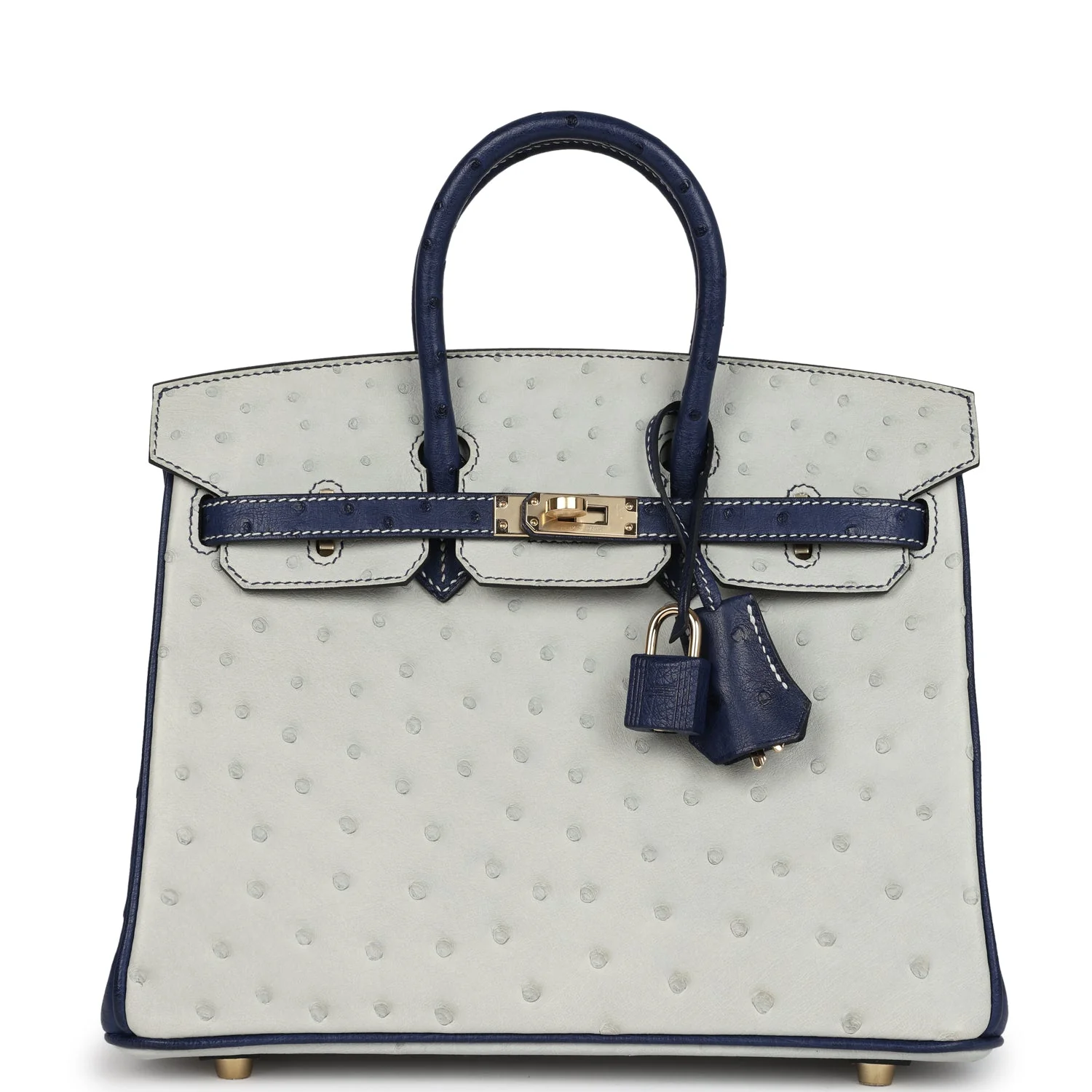 Replicate Hermes Special Order (HSS) Birkin 25 Gris Perle and Bleu Iris Ostrich Permabrass Hardware(1:1 replica)