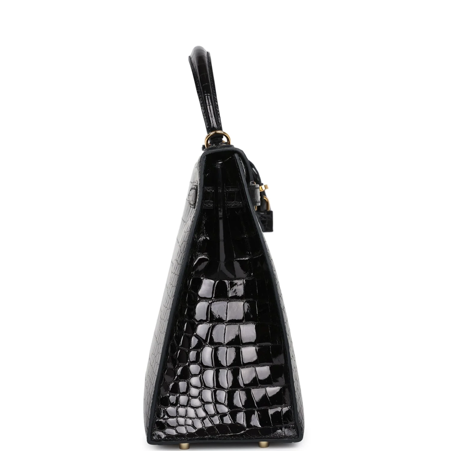 Replicate Hermes Kelly Sellier 32 Black Shiny Porosus Crocodile Gold Hardware(1:1 replica)